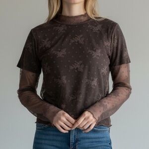 Aerie Brown Floral Lace Mesh Mock Neck Long Sleeve Top Y2K Shirt